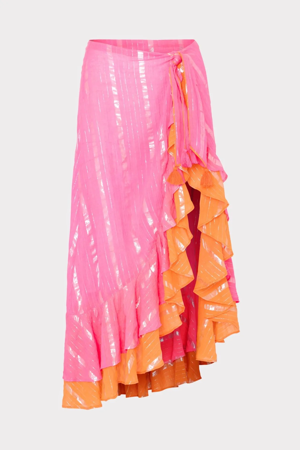 lurex_stripe_ruffle_wrap__0-1.webp Jumpsuits & Rompers-MILLY Lurex Stripe Ruffle Wrap Skirt Neon Pink/Orange