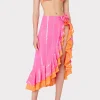 Cover-Ups-MILLY Lurex Stripe Ruffle Wrap Skirt Neon Pink/Orange