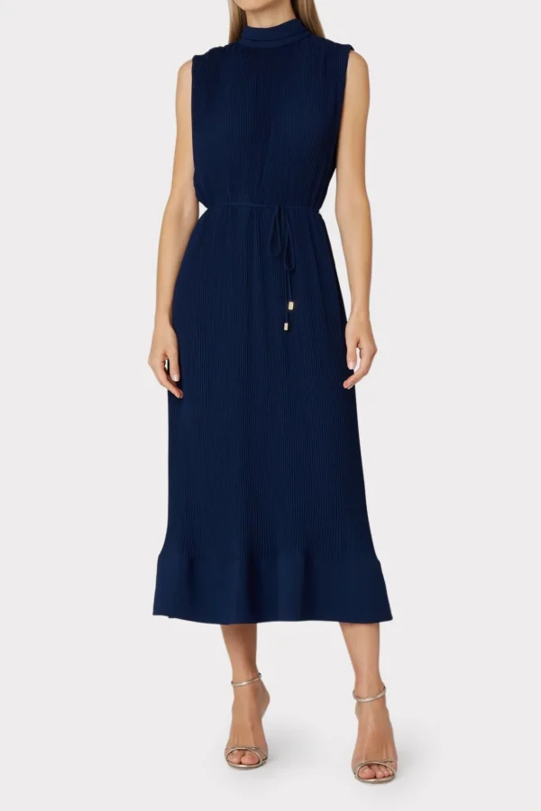 melina_solid_pleated_dres_1-7.webp Day Dresses-MILLY Melina Solid Pleated Dress Navy
