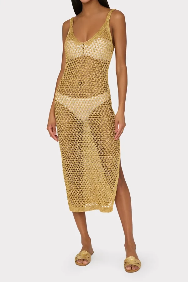 metallic_mesh_v_neck_midi_2.webp Cover-Ups-MILLY Metallic Mesh V Neck Midi Cover-Up Dress Gold