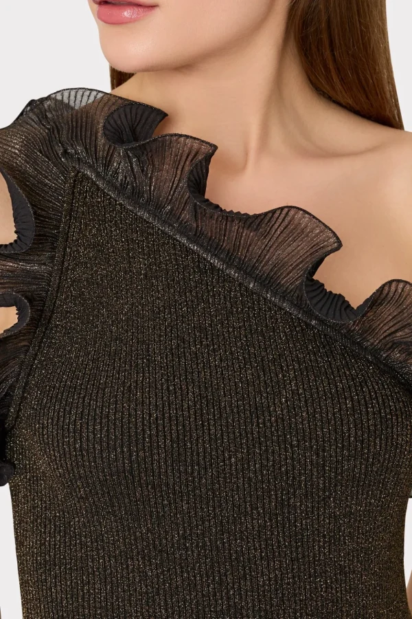 metallic_scallop_ruffle_o_2-1.webp Knit Dresses-MILLY Metallic Scallop Ruffle One Shoulder Dress Gold