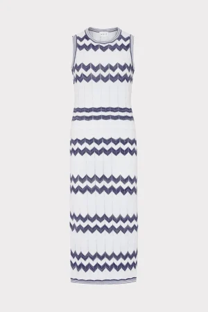 Knit Dresses-MILLY Oversized Zig Zag Midi Dress Navy/Ecru
