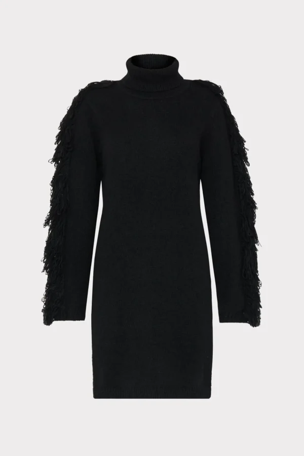 rowe_fringe_sleeve_turtle_0.webp Jumpsuits & Rompers-MILLY Rowe Fringe Sleeve Turtleneck Mini Dress Black