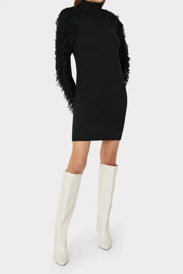 rowe_fringe_sleeve_turtle_2.webp Jumpsuits & Rompers-MILLY Rowe Fringe Sleeve Turtleneck Mini Dress Black