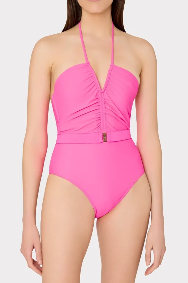 ruched_halter_one_piece_1-1.webp Jumpsuits & Rompers-MILLY Ruched Halter One Piece Neon Pink