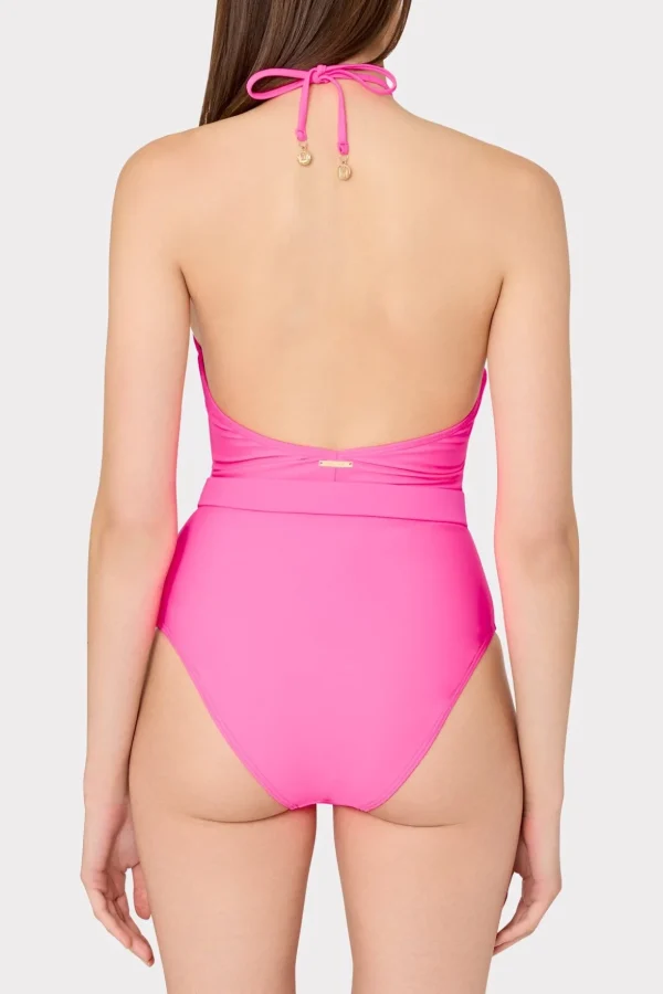 ruched_halter_one_piece_2.webp Jumpsuits & Rompers-MILLY Ruched Halter One Piece Neon Pink