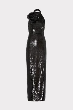 sabine_d_sequins_rosette__0-2.webp Maxi Dresses-MILLY Sabine 3D Sequins Rosette Dress Black