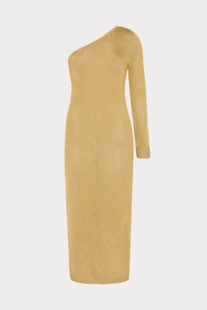 Knit Dresses-MILLY Senna Metallic One Shoulder Midi Dress Gold