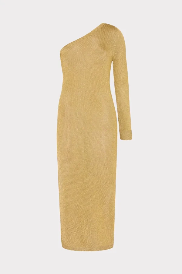 Sweaters & Knits-MILLY Senna Metallic One Shoulder Midi Dress Gold
