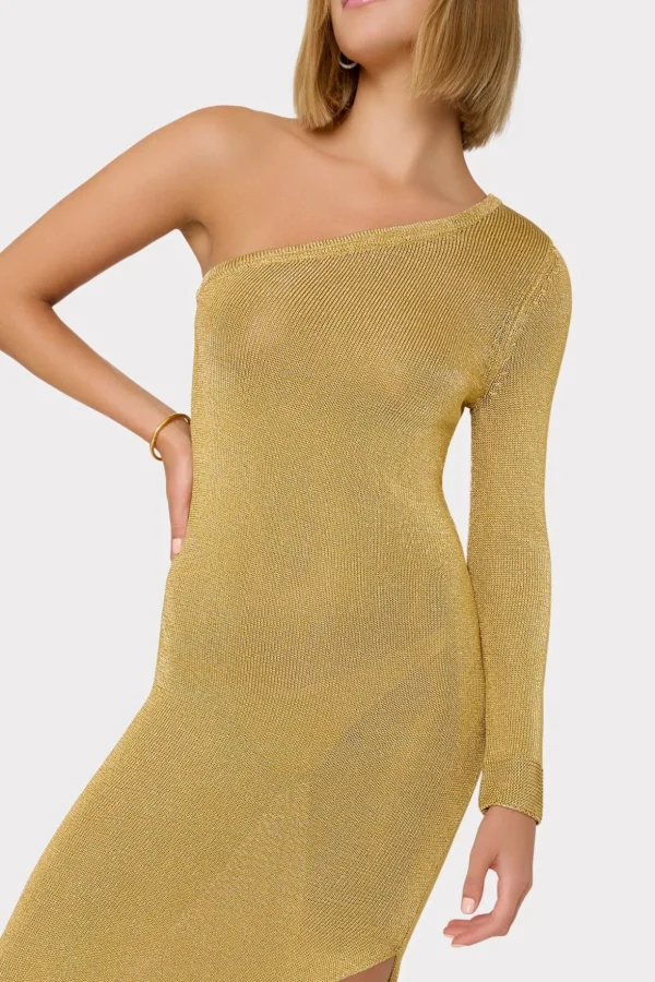 Sweaters & Knits-MILLY Senna Metallic One Shoulder Midi Dress Gold