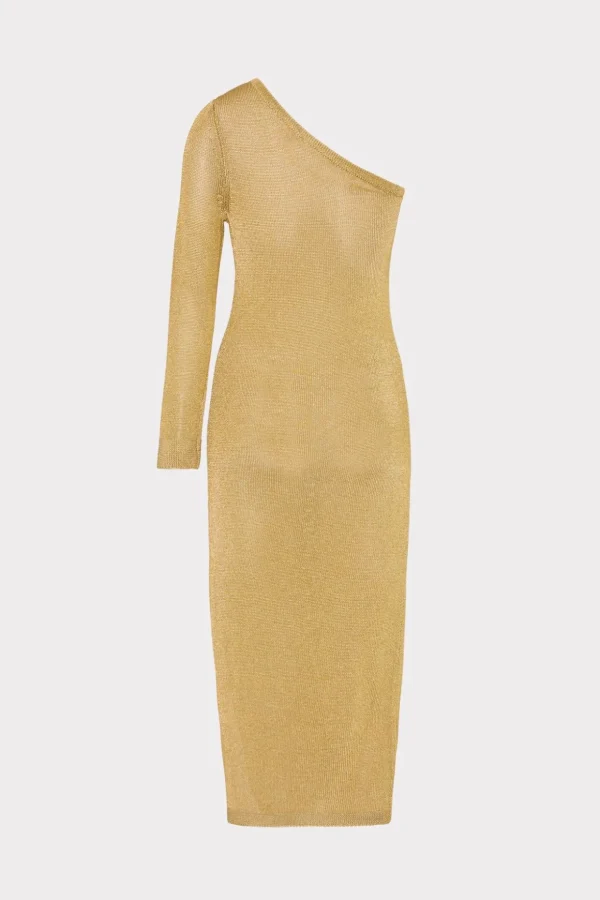 Sweaters & Knits-MILLY Senna Metallic One Shoulder Midi Dress Gold