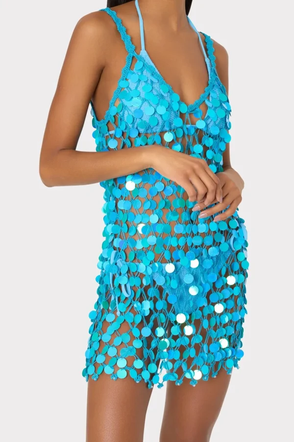 Cover-Ups-MILLY Sequin Crochet Mini Sleeveless Dress Blue