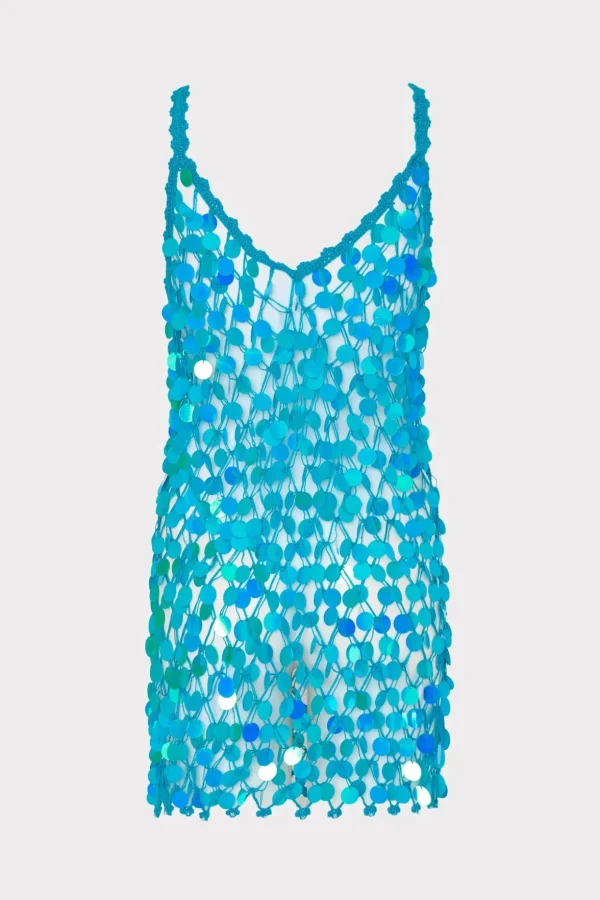 Cover-Ups-MILLY Sequin Crochet Mini Sleeveless Dress Blue