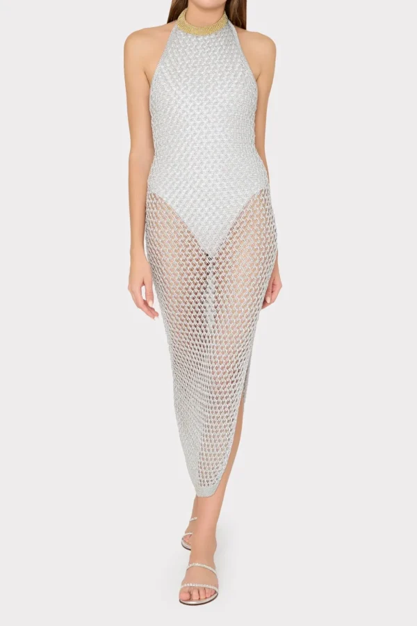 simone_metallic_halter_ne_1.webp Jumpsuits & Rompers-MILLY Simone Metallic Halter Neck Knit Dress Silver