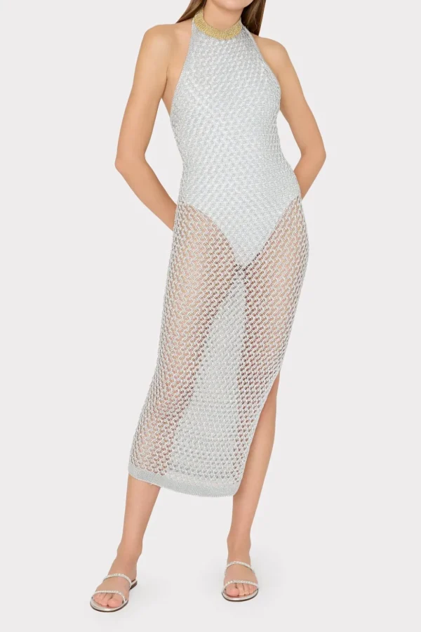 simone_metallic_halter_ne_2.webp Jumpsuits & Rompers-MILLY Simone Metallic Halter Neck Knit Dress Silver