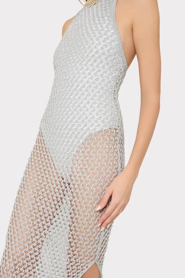 simone_metallic_halter_ne_3.webp Jumpsuits & Rompers-MILLY Simone Metallic Halter Neck Knit Dress Silver