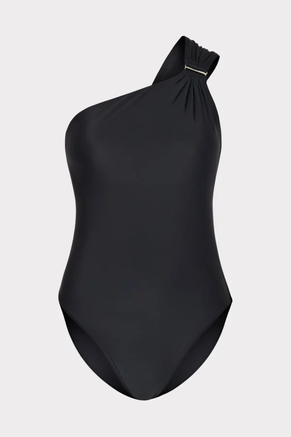 One Piece Swimsuits-MILLY Solid Carvico Vita One Shoulder One Piece Black