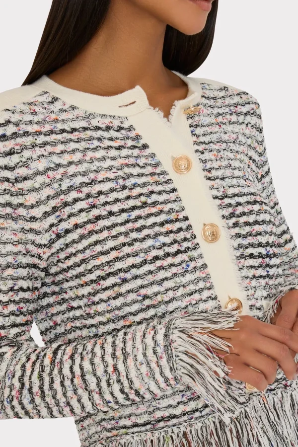 Sweaters & Knits-MILLY Textured Fringe Cardigan Jacket Ecru Multi