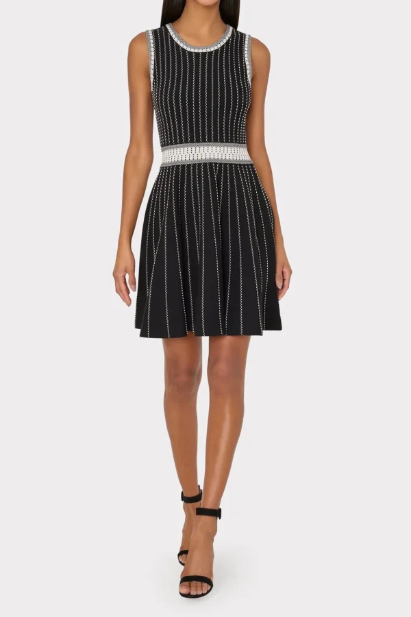 Jumpsuits & Rompers-MILLY Vertical Texture Fit And Flare Dress Black/Ecru