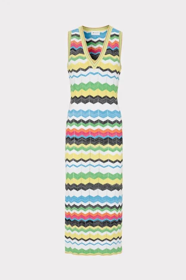 vneck_zig_zag_midi_dress_0-4.webp Knit Dresses-MILLY V-Neck Zig Zag Midi Dress Yellow Multi