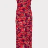 Cocktail Dresses-MILLY Windmill Floral Chiffon Dress Red Multi